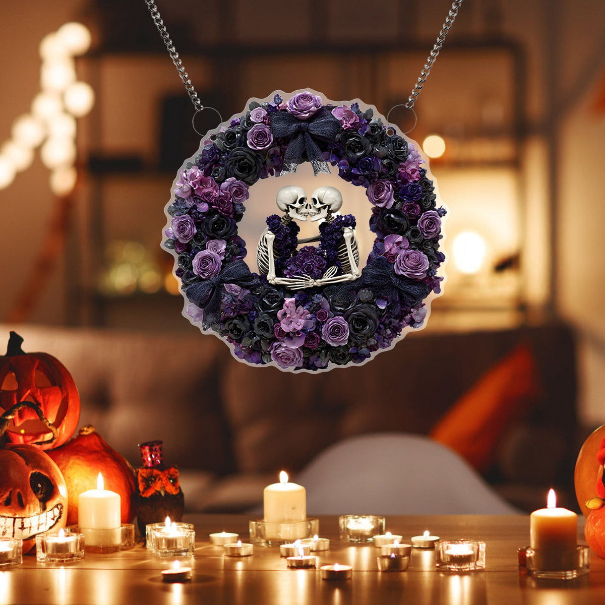 Btomtd Diameter 8" Pumpkin Skull Wreath Halloween Decor Acrylic Round Disk Hanging Ornament with Garland for Front Door Window, B