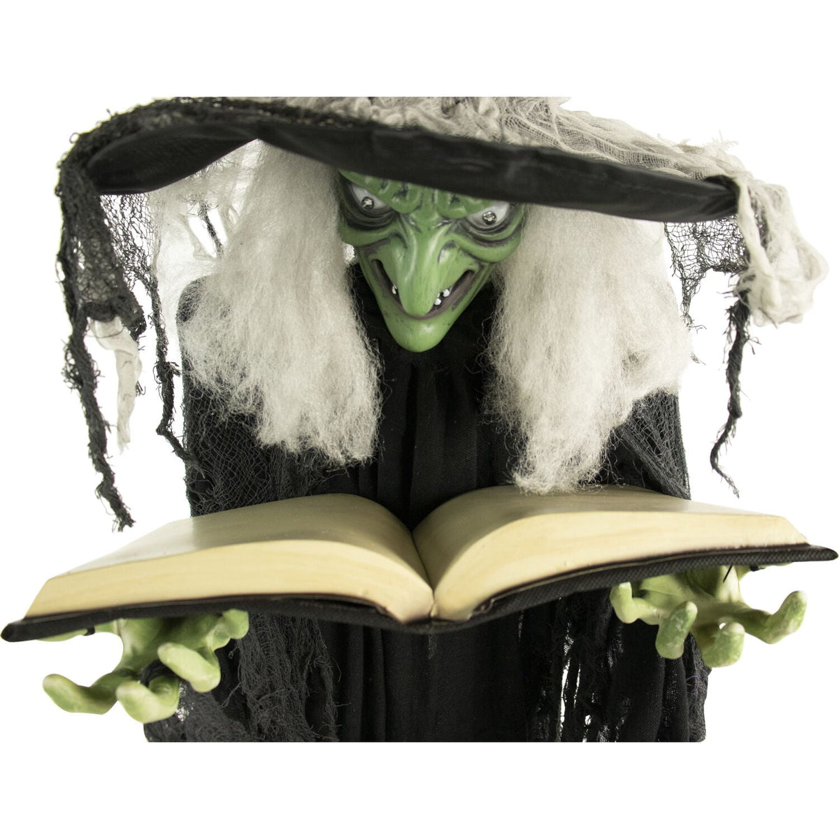 Haunted Hill Farm 5.5 ft Poseable Witch with Spell Book, Lights and Sound, Indoor/Covered Outdoor Halloween Decoration, HHWITCH-9FLS