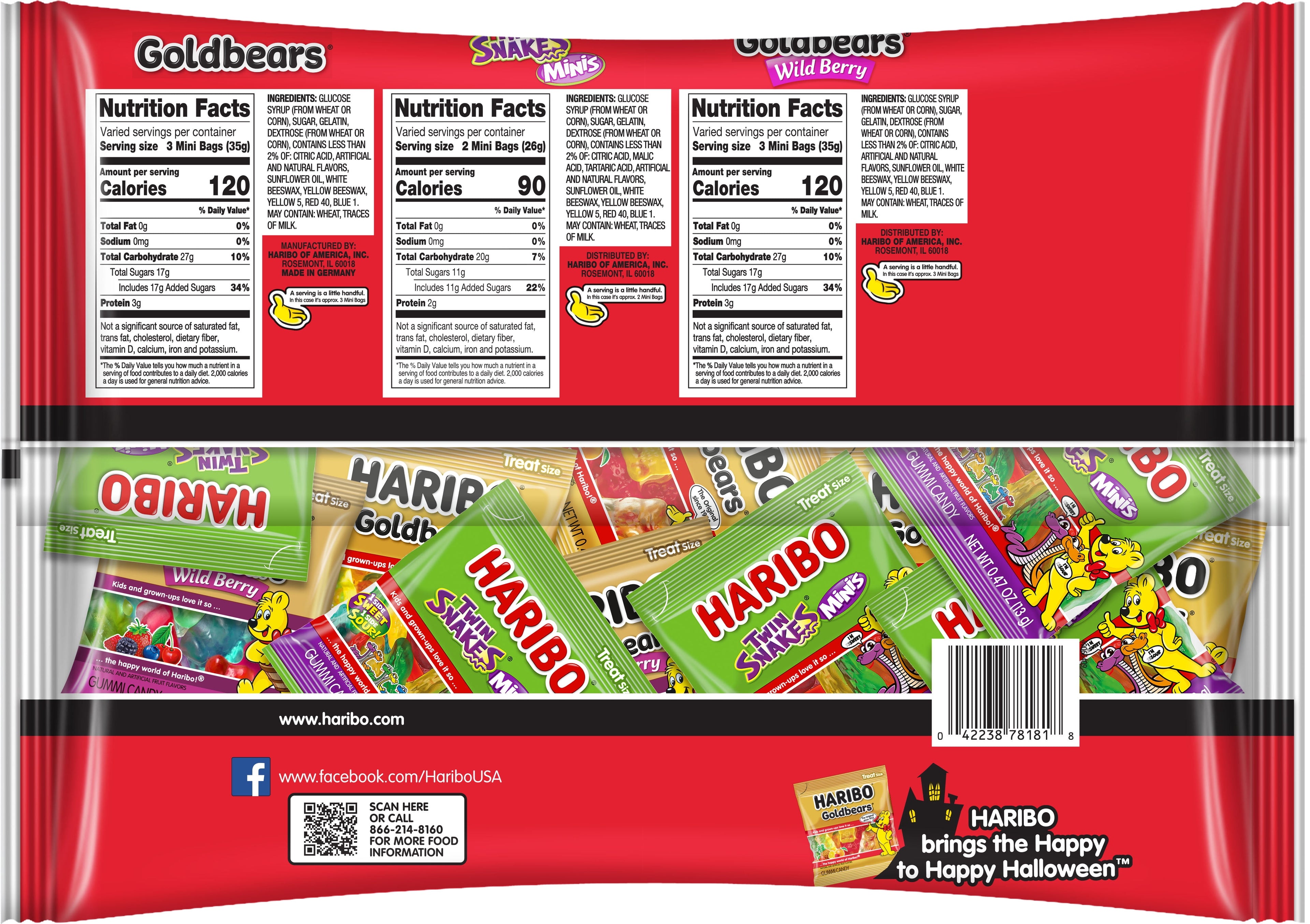 HARIBO Trick or Treat Trio Halloween Gummy Candy Mini Pouches, 45ct