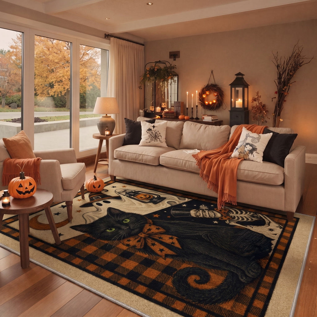 GENIMO 2'x7' Halloween Runner Rug, Washable Non Slip Soft Gothic Raven Indoor Outdoor Hallway Runner for Porch Patio Kitchen Entryway, Rust Orange