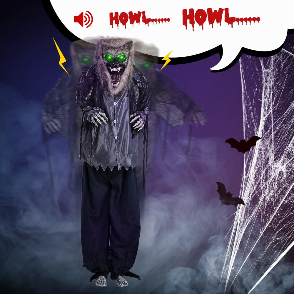 6.9ft Animated Hanging Werewolf - with Glowing Eyes and Creepy Howling Sound Halloween Decorations, Outdoor Haunted House Prop Decor, Grey