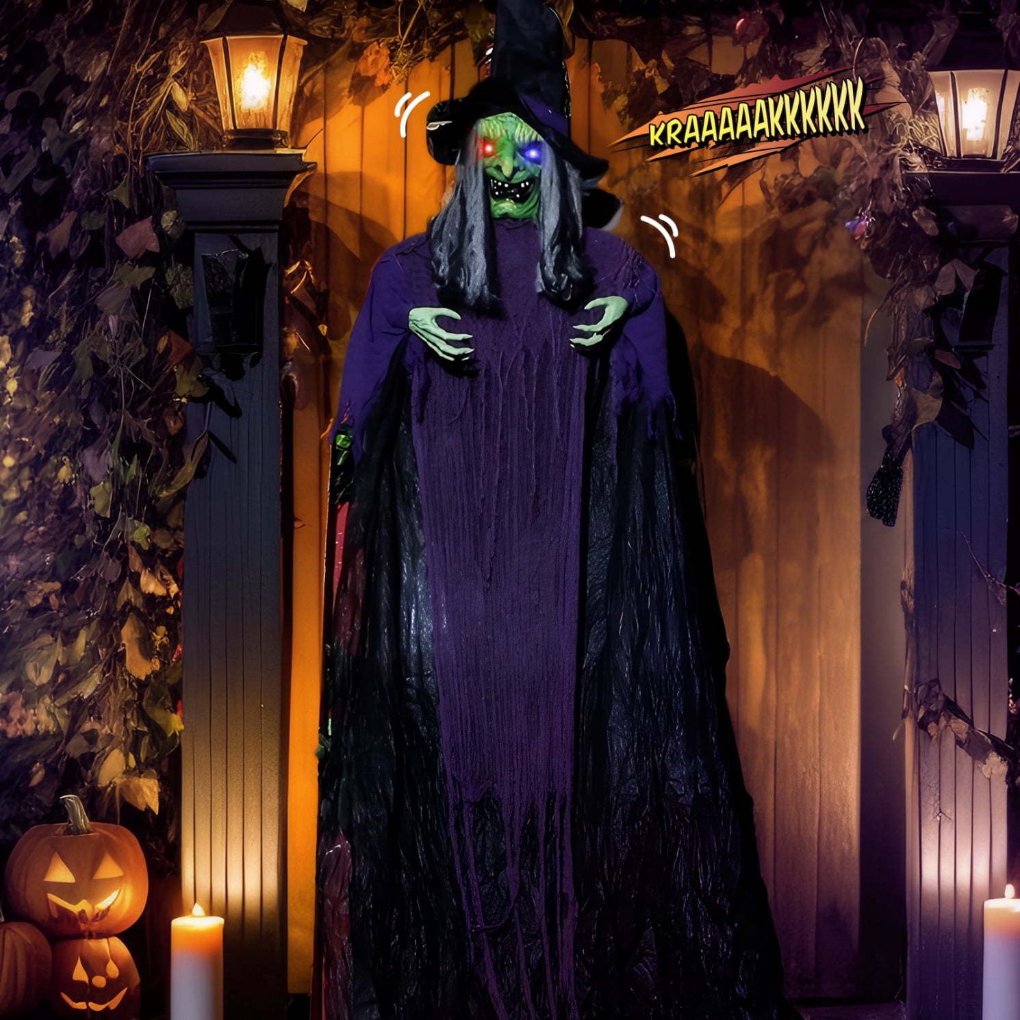 11.8ft Halloween Animatronics Hanging Witch Outdoor Decoration, Sound Animated Talking Witch with Light-up Eyes for Haunted House Prop Décor, Yard Lawn Decorations