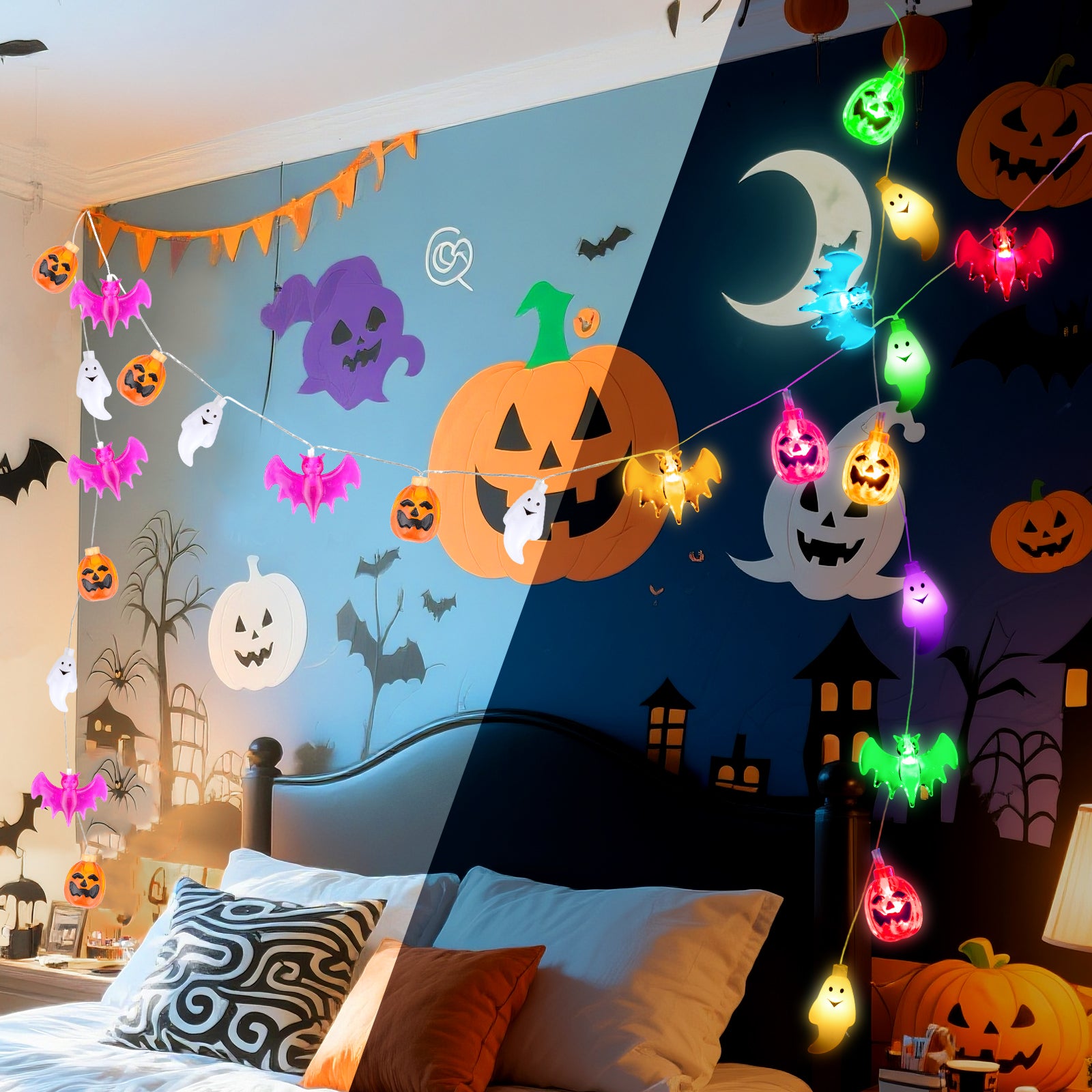 Oziral Halloween String Lights Decorations:Halloween Lights Indoor Outdoor 30 LED Battery Operated Waterproof Lights Remote 3D Pumpkin Bat Ghost Halloween Decorations for bedroom Party Yard Garden