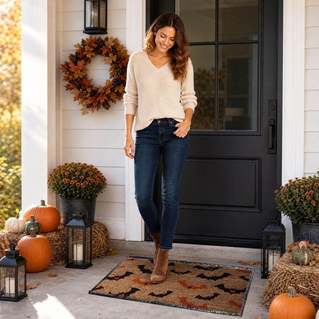 Halloween Doormat Vintage Retro Style Mat 23.6x15.7in Secure-Grip Absorbent Coir Look Entryway Rug for Front Porch Indoor Outdoor Decor by OVFUIZ