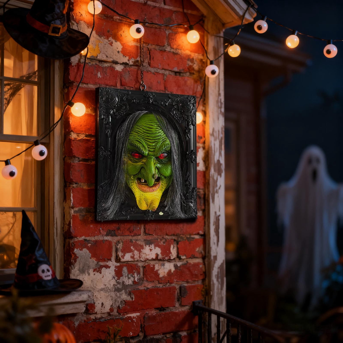Leeye Motion Sensor Halloween Witch Wall Hanging, Haunted Talking Witch Picture Frame with Sound Activation, Scary Animated Witch Wall Decor for Indoor Party Haunted House