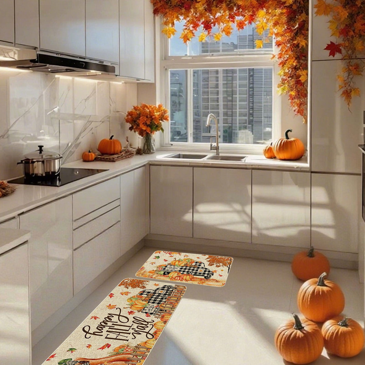 HOARBOEG Kitchen Floor Mat, Halloween Thanksgiving Fall Floor Mats 2-Piece Set - Non-Slip Pumpkin Maple Leaf Decor Rug for Bathroom Kitchen Porch Entrance, Holiday Home Decor