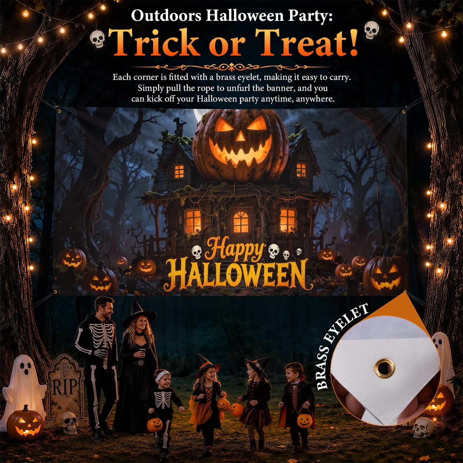 Lifestance Halloween Garage Door Banner, 16 x 7 ft Haunted Pumpkin Manor Garage Door Cover, Outdoor Halloween Decoration with Hanging Kit for Parties, Home & Yard Décor