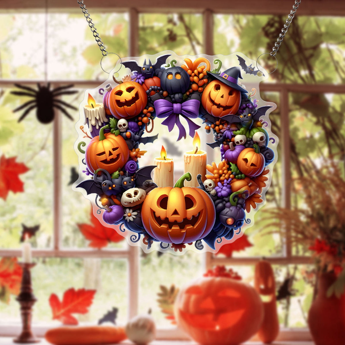 Btomtd Diameter 8" Pumpkin Skull Wreath Halloween Decor Acrylic Round Disk Hanging Ornament with Garland for Front Door Window, A