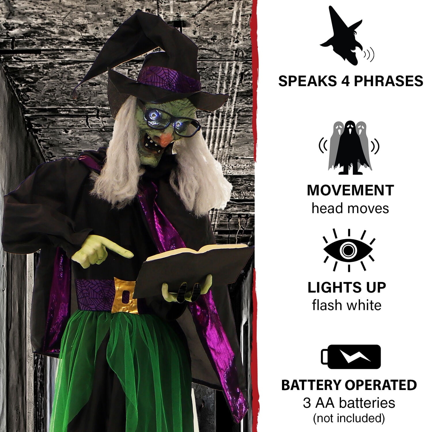 Haunted Hill Farm Life Size 5.6 ft Animatronic Witch, Indoor/Outdoor Halloween Decoration