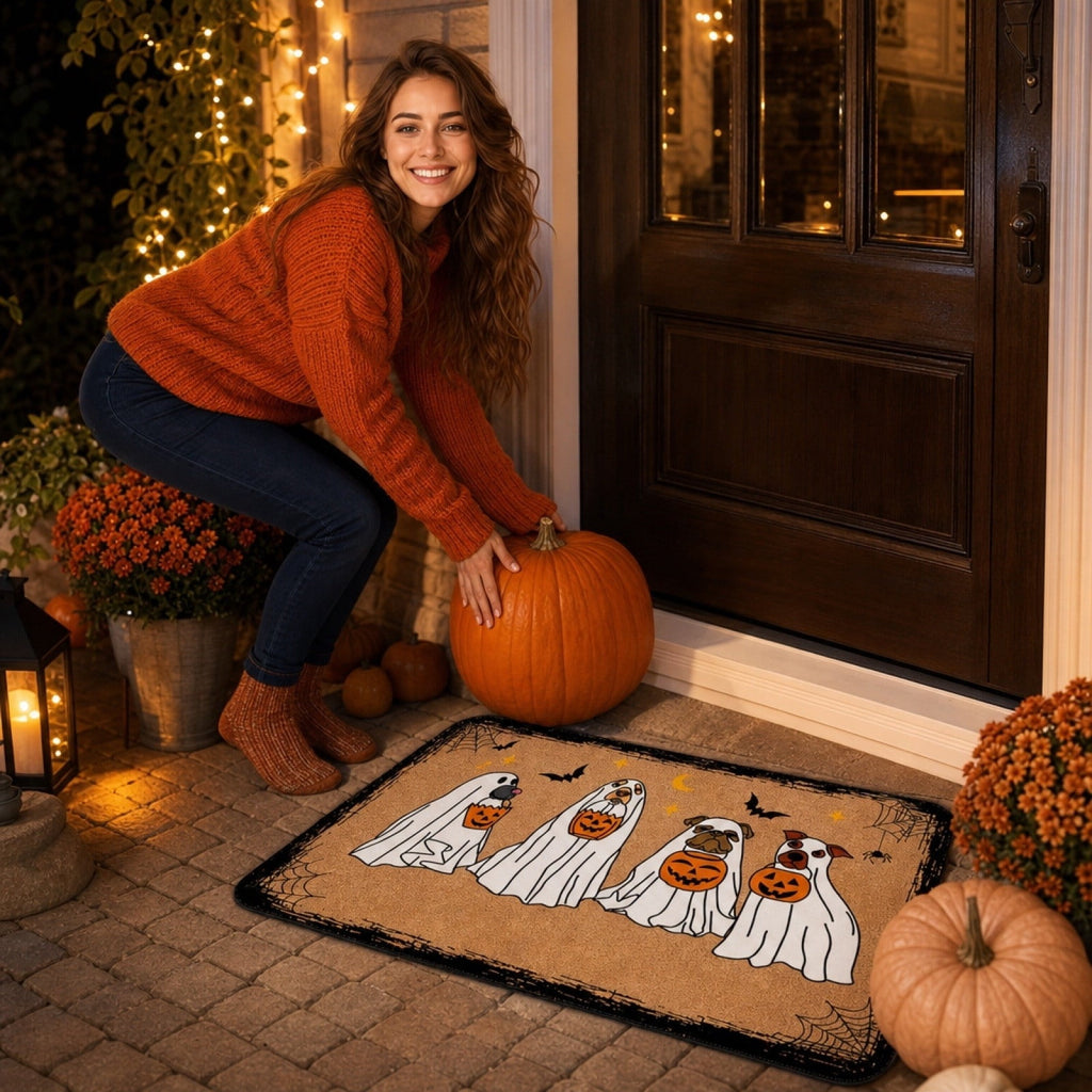 Halloween Celebration Doormat 16x24 Inch, Spooky Ghost Entrance Mat for Front Porch Indoor Outdoor, B
