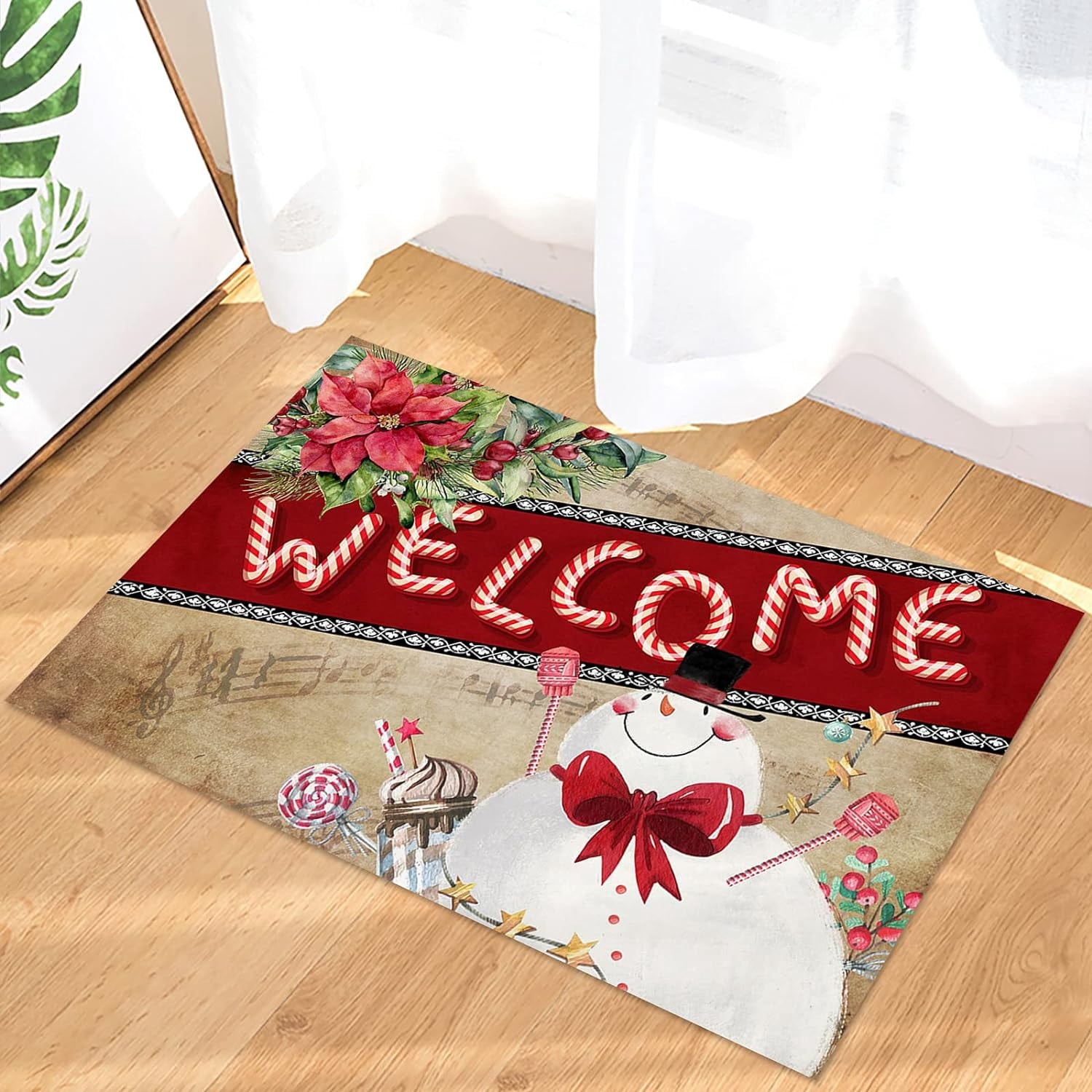 Christmas Snowman Trees Entrance Door Mat, Red Plaid Low Profile Tradition Christmas Decor Welcome Doormat, Non-Slip Carpet Rugs Floor Mat Decorative for Home/Bathroom/Kitchen - 20"x31.5"