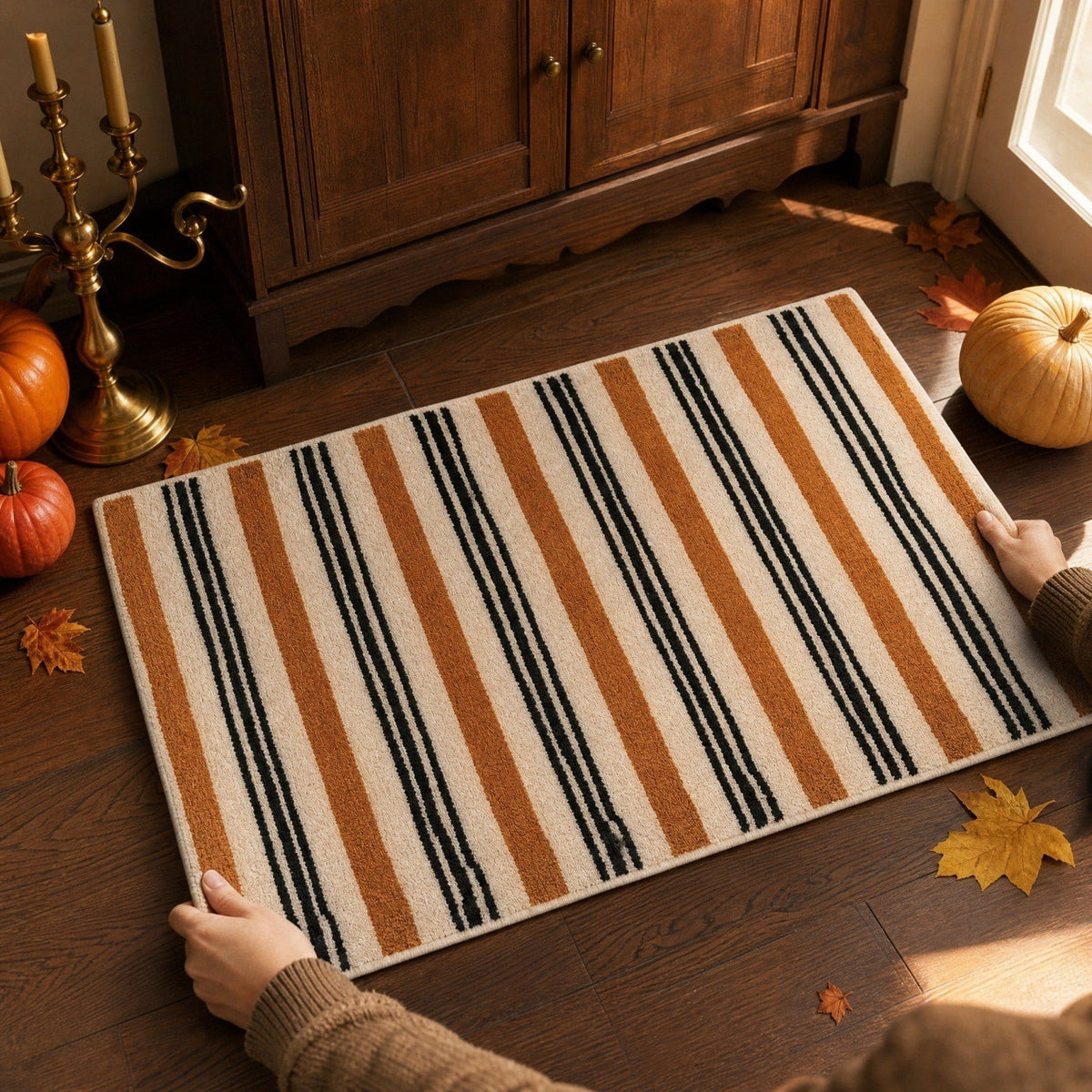 Halloween Fall Bathroom Rug, Vertical Striped Plush Floor Mat, Neutral Terracotta Entryway Doormat for Indoor Home Decor