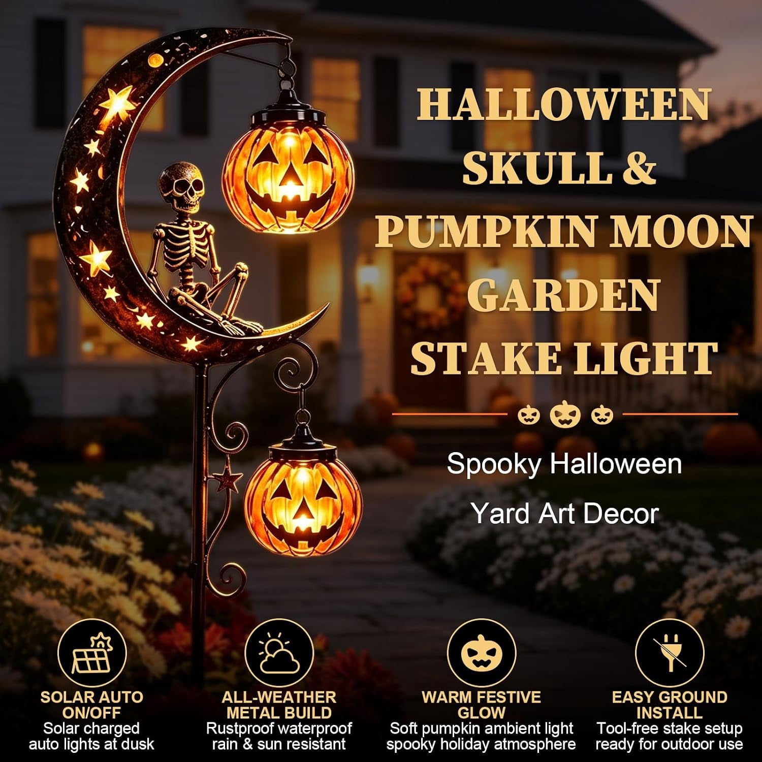 Solar Halloween Black Cat & Pumpkin Moon Garden Stake Light | Waterproof Metal Black Cat Yard Ornament, Auto On Off Solar Outdoor Light, Fall Halloween Decor Stake for Lawn Patio Pathway