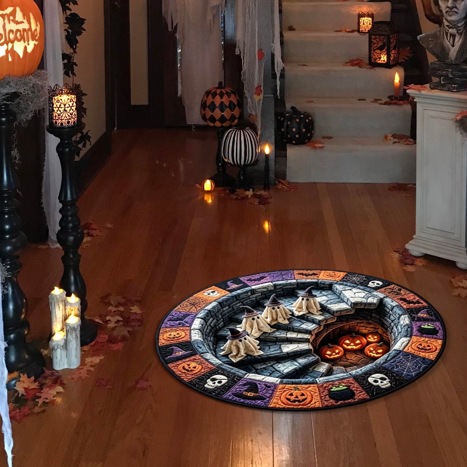3D Halloween Rug,Halloween Quilted Round Rug 3D Illusion,Soft & Durable Fabric Non-Slip Modern Home Decor,15.7in
