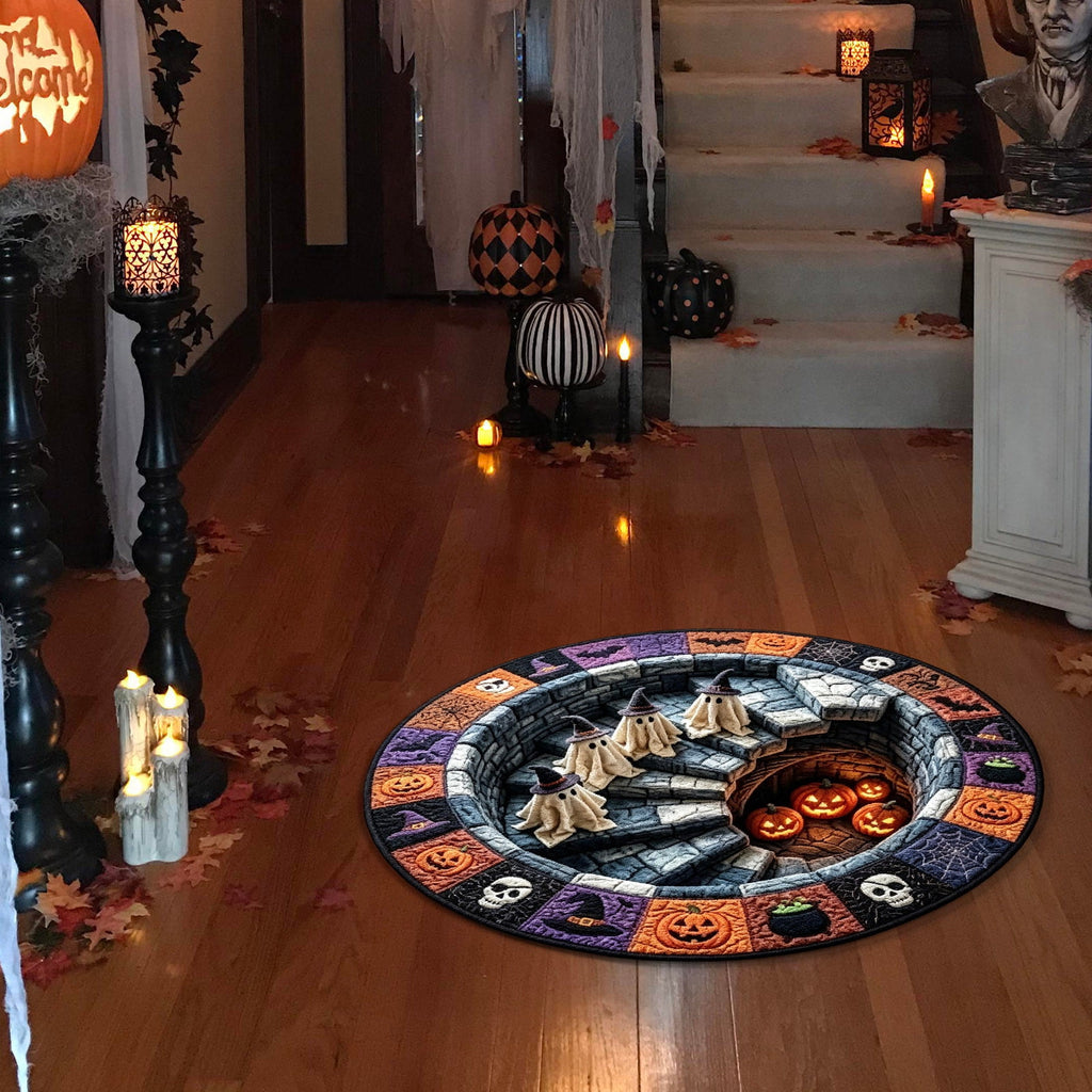 Halloween Round Rug 50cm Optical Illusion, Spooky Ghost Pumpkin Skull Mat, Non-Slip Entryway Bedroom Doormat for Home Party Floor Decor