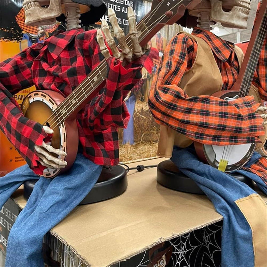 Dueling_Banjo Skeletons, 2025 Funny Animated Dueling_Banjo Halloween Skeletons, Country Skeleton Musicians with Light up Eyes for Halloween Decoractions Indoor Home Decor (Red&Yellow,2Pcs)
