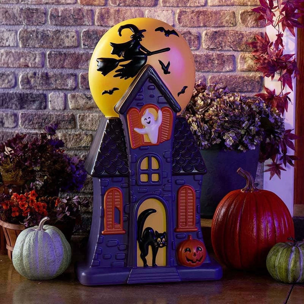 2026 New Summerween Haunted House Blow Mold Light with Bat Witch Black Cat Ghost for Halloween Ornament - Unique Resin Pre-Lit Spooky Mansion Haunted House for Tabletop Halloween Decorations