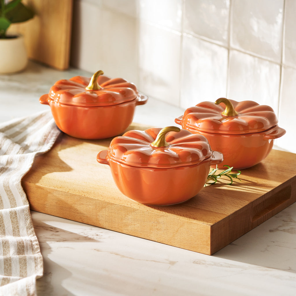 The Pioneer Woman 0.5 Qt Pumpkin Stoneware Mini Cocottes Set with Side Handles, Linen Finish, Set of 3