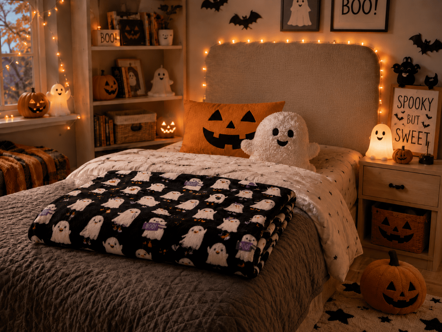 Serafina Home Halloween Throw Blanket: Fuzzy Boo! Jack O'Lantern Spider Webs Skull and Black Cats Print on Velvet Fleece for Sofa Bed Couch Chair Dorm