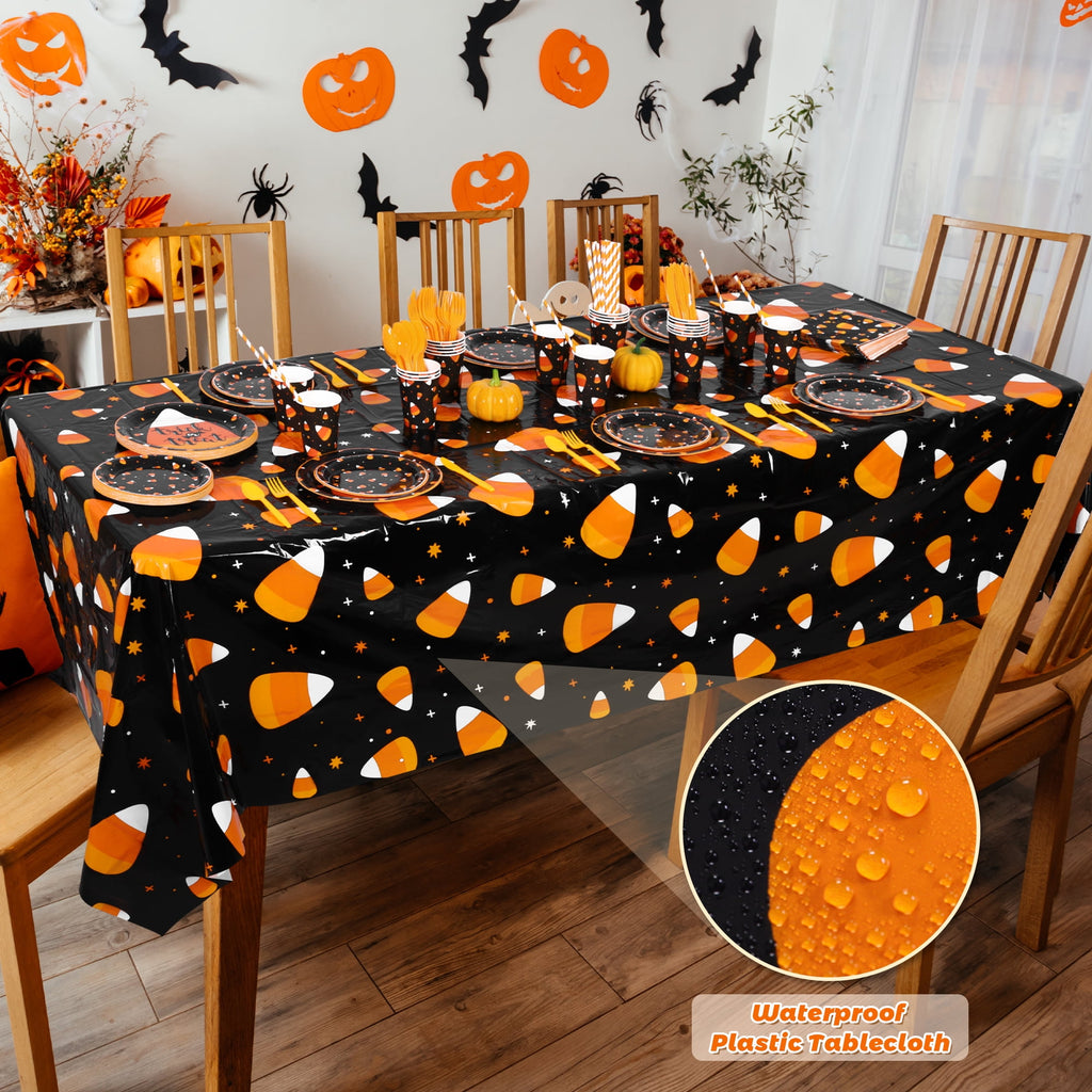 TURSTIN 193 Pieces Halloween Candy Corn Tableware Set Serves 24, Disposable Paper Plates Cups Napkins with Tablecloth for Halloween Party
