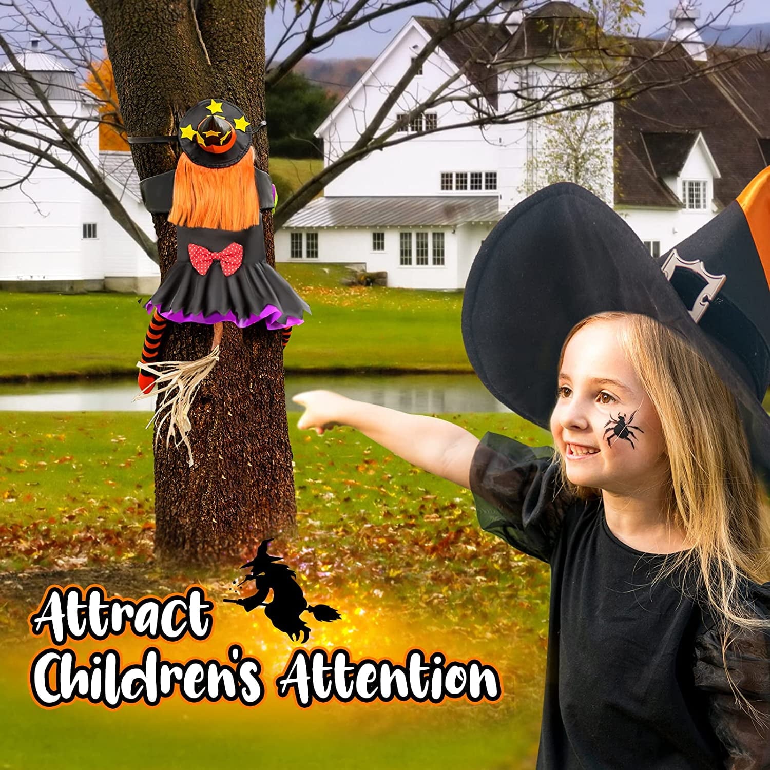 DAKIMOE Halloween Decoration Outdoor Witches Crashing Into Tree with Colorful LED Lights Crashed Witch Props Halloween Hanging Decorations for Indoor House Outdoor Yard Patio Decor 44''x33'' Orange