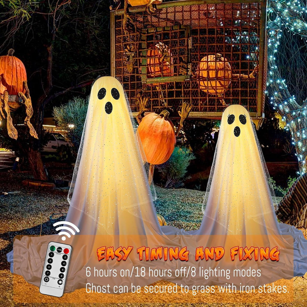 2-Pack Halloween Decorations Outdoor, Halloween Party Decorations Indoor, Ghost Decorations with Remote Control String Lights, Halloween Ghost Lights Suitable for Porch, Courtyard, Garden, Lawn