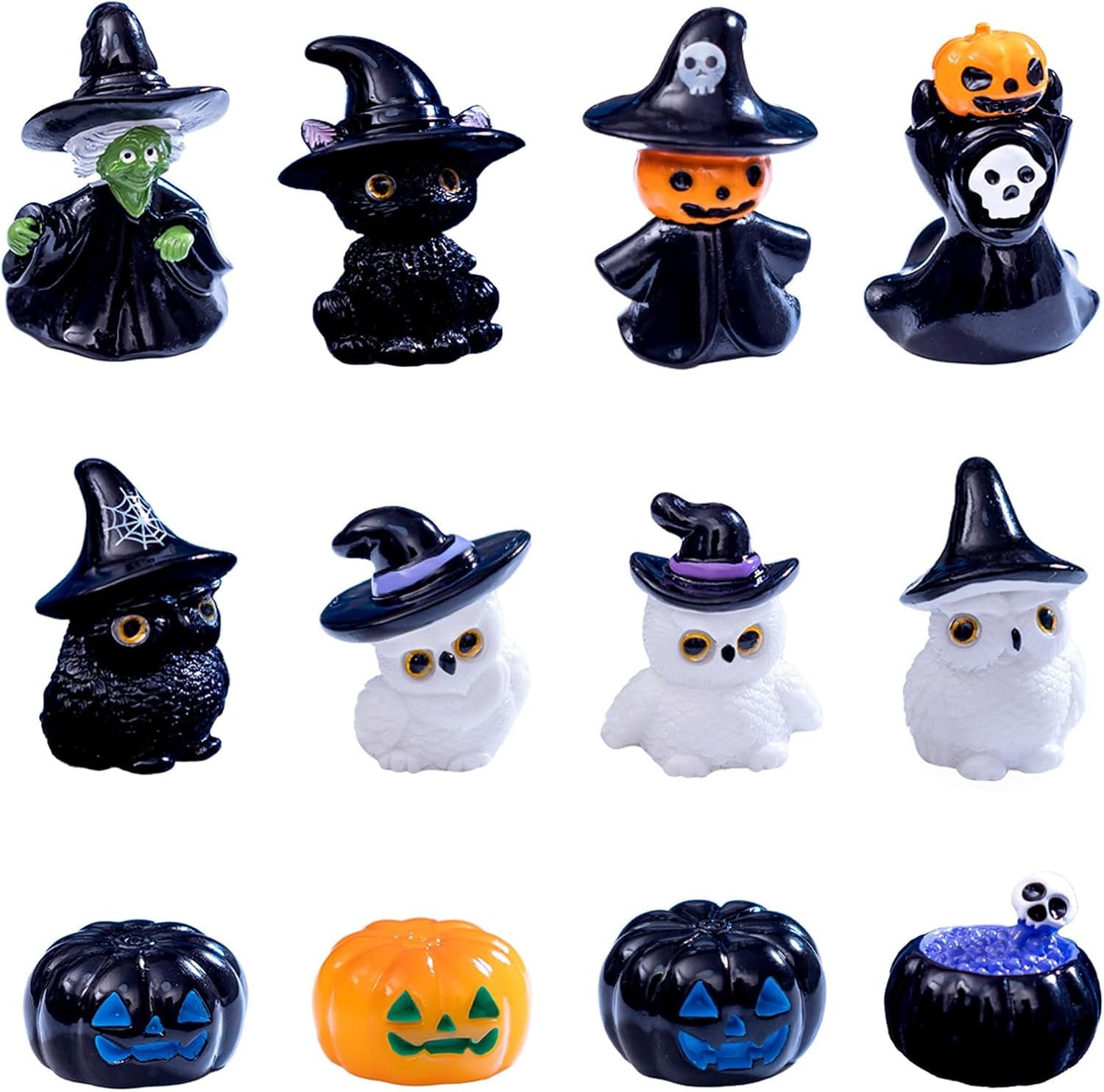 12Pcs Halloween Mini Figurines Resin Halloween Miniature Figurines Ghost Skull Witches Owls Pumpkin Tiny Ornaments for Crafts Horror Village Garden Dollhouse Bonsai Party Favors Halloween Decoration