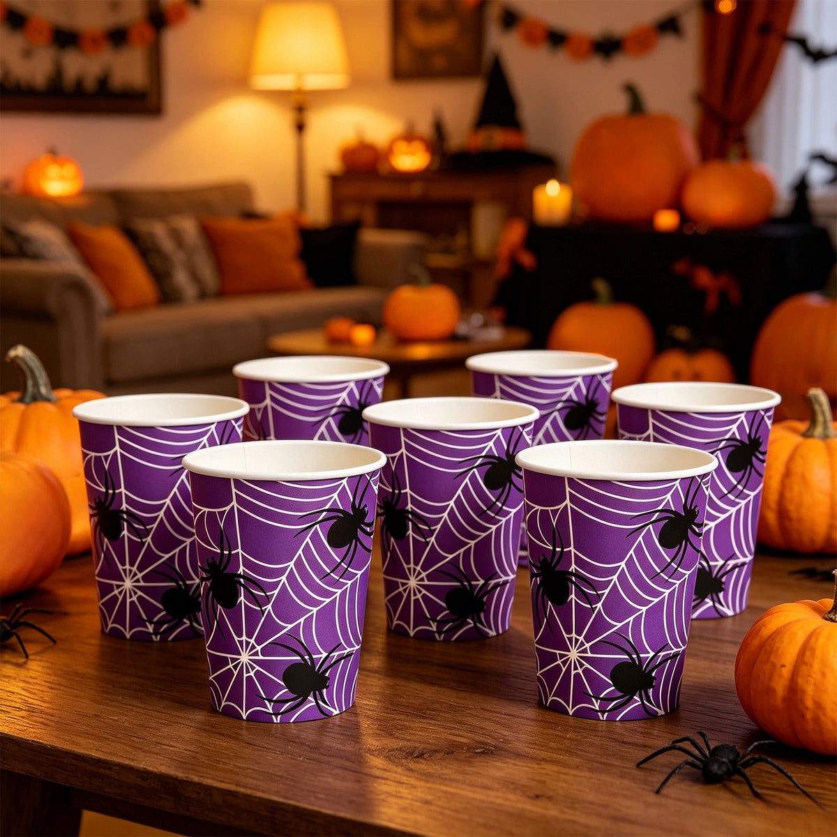 24 Pack Halloween Disposable Tableware Set, Spider and Cobweb Pattern Paper Plates, Halloween Party Supplies Favors