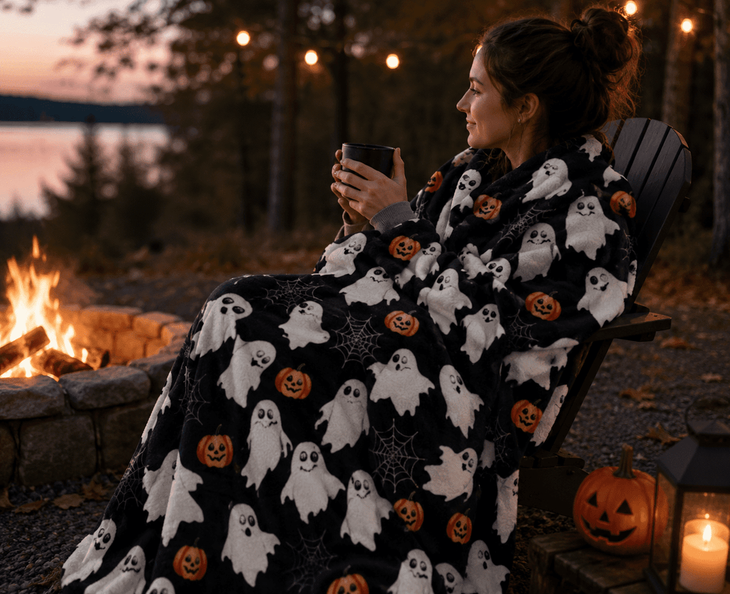 Serafina Home Halloween Throw Blanket: Fuzzy Boo! Jack O'Lantern Spider Webs Skull and Black Cats Print on Velvet Fleece for Sofa Bed Couch Chair Dorm