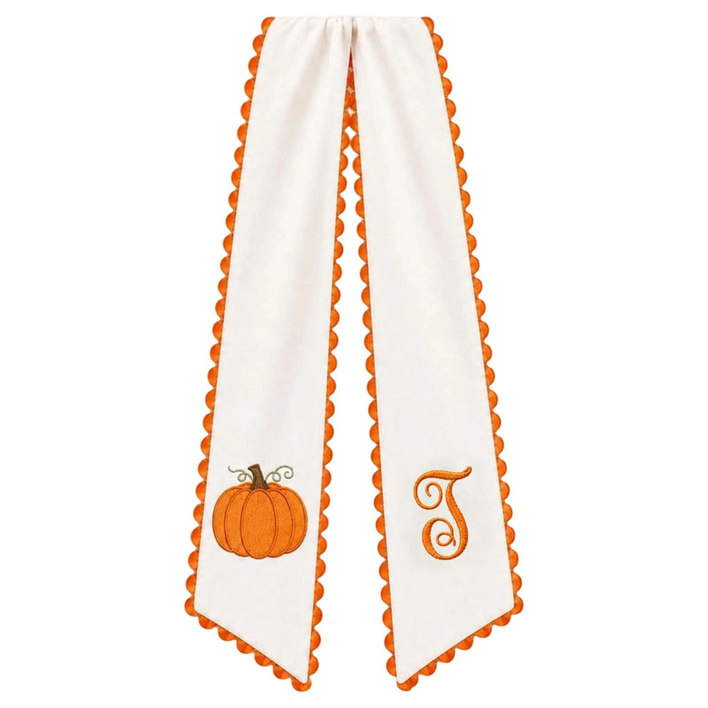 Pumpkin Embroidered Wreath Sash, 50 x 5 inch Orange Scalloped Lettered Ribbon for Halloween, Thanksgiving, Front Door, Seasonal Garland and Fall Home Decor, I
