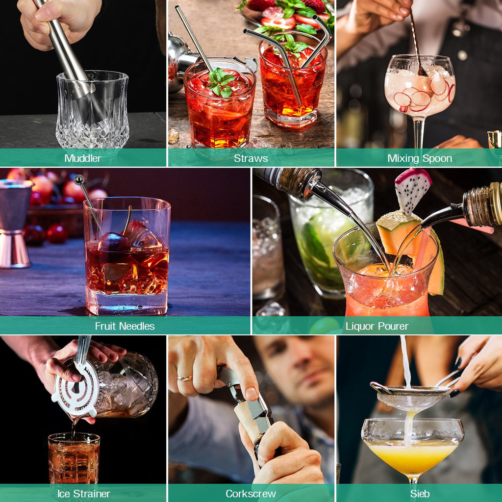 Biemlerfn 25-Piece Cocktail Shaker Set, Mixology Bartender Kit with Acrylic Stand Stainless Steel Bar Tools, Full Bartender Accessories and Recipe Book