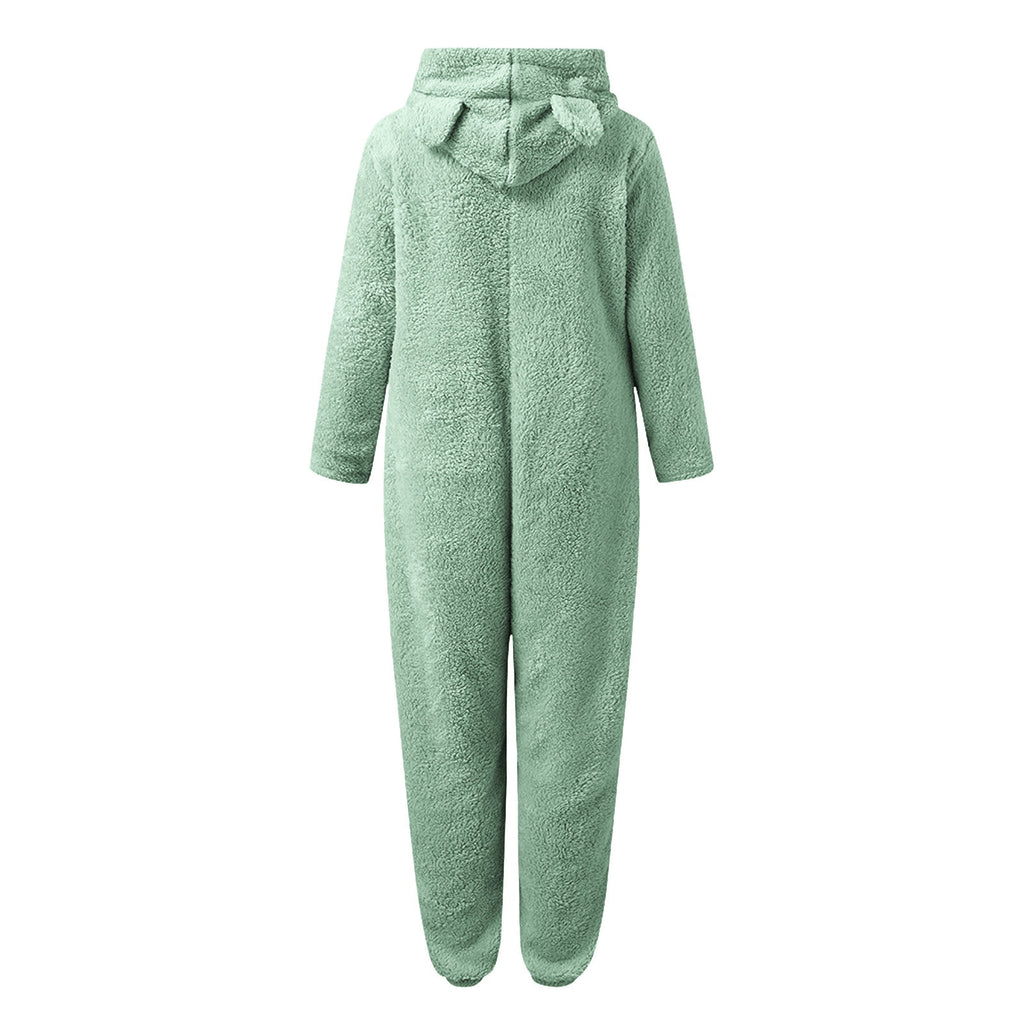 QATAINLAV Sherpa Fleece Jumpsuit for Women Winter Warm Fuzzy Onesie Pajamas Cute Cat Hooded Romper Casual Zip Up Overalls Sleepwear Black XL