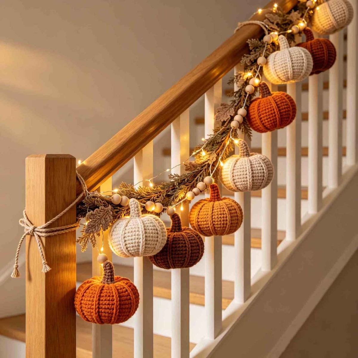 Clearance Fall Knit Pumpkin String Light Wreath, Hand Crochet Multicolor Garland With Wooden Beads, Cozy Odor-Free Cotton Yarn Fall, Thanksgiving and Halloween Decor