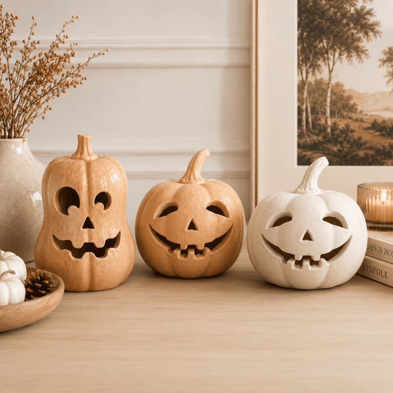 Halloween Handcrafted Jack-O'-Lantern, 5.5" Hand-Carved Pumpkin Decor, Durable Kiln-Fired Autumn Halloween Centerpiece for Indoor Tabletop, Mantle & Fall Home Decoration 2026