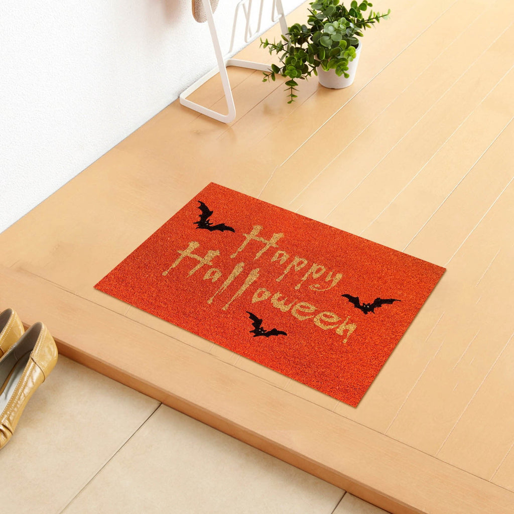 Wovilon Halloween Area Rug Doormat, Black Castle Front Door Mat Non Slip Rubber Backing, Happy Halloween Orange Indoor Outdoor Entrance Mats, Halloween Home Decor Outdoor Rug, 16 X 24 Inches