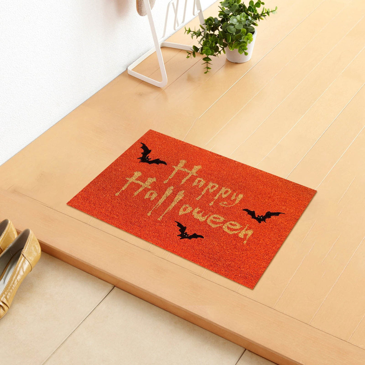 Wovilon Halloween Area Rug Doormat, Black Castle Front Door Mat Non Slip Rubber Backing, Happy Halloween Orange Indoor Outdoor Entrance Mats, Halloween Home Decor Outdoor Rug, 16 X 24 Inches