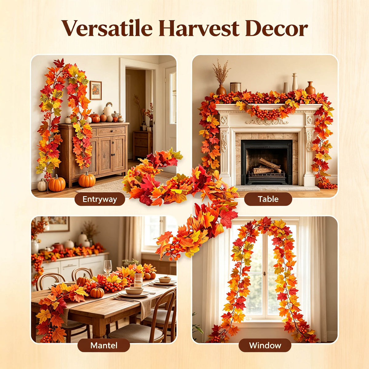 WKSCLPAI Halloween Maple Leaf Garland, Fall Vine Wreaths for Autumn Festivities Decor,Seasonal Garlands for Home,Halloween & Fall Decorations