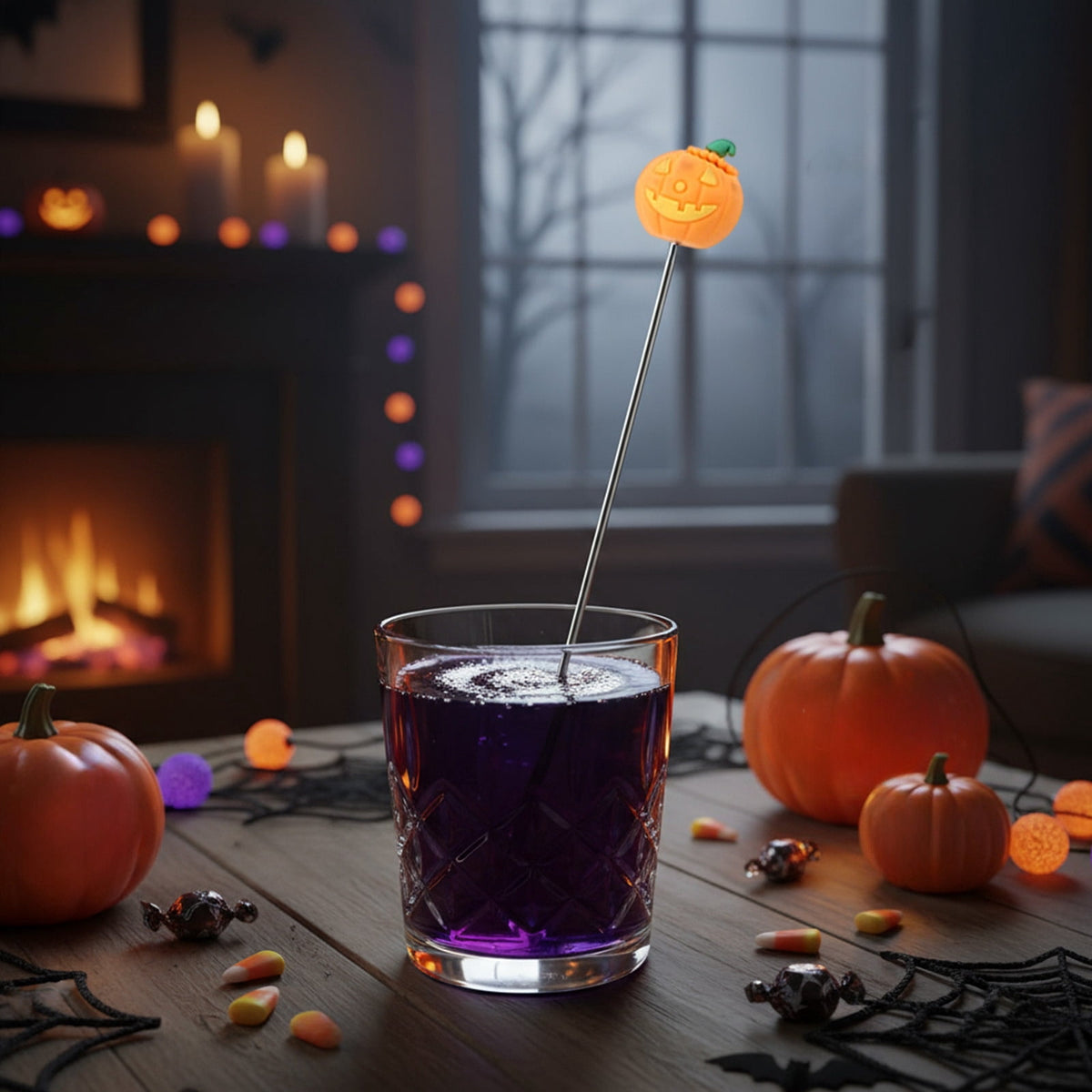 Stainless Steel Mixing Spoon for Cocktails – Halloween Barware, 304 Food - Grade Stirring Rod with Ghost, Witch Hat, Bat & Pumpkin Designs,Orange