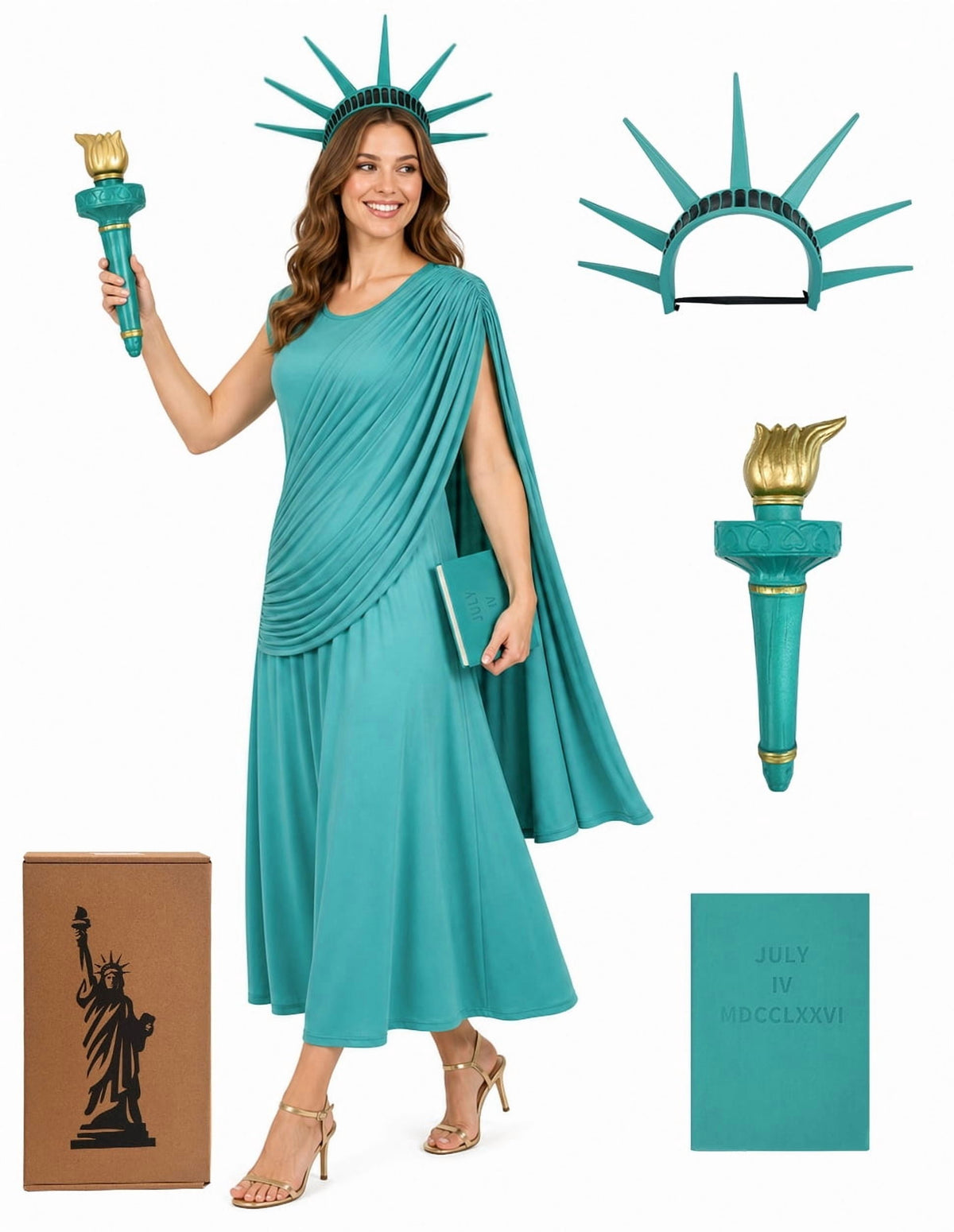 VZQI Statue of Liberty Costume Set for Women, Lady Liberty Outfit | Liberty-inspired costume set with gift-box packaging; choose 2-piece or 4-piece options for Halloween, parties and July 5th