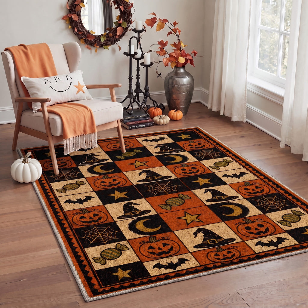 GENIMO 2'x7' Halloween Runner Rug, Washable Non Slip Soft Vintage Witch Indoor Outdoor Hallway Runner for Porch Patio Kitchen Entryway, Retro Sepia