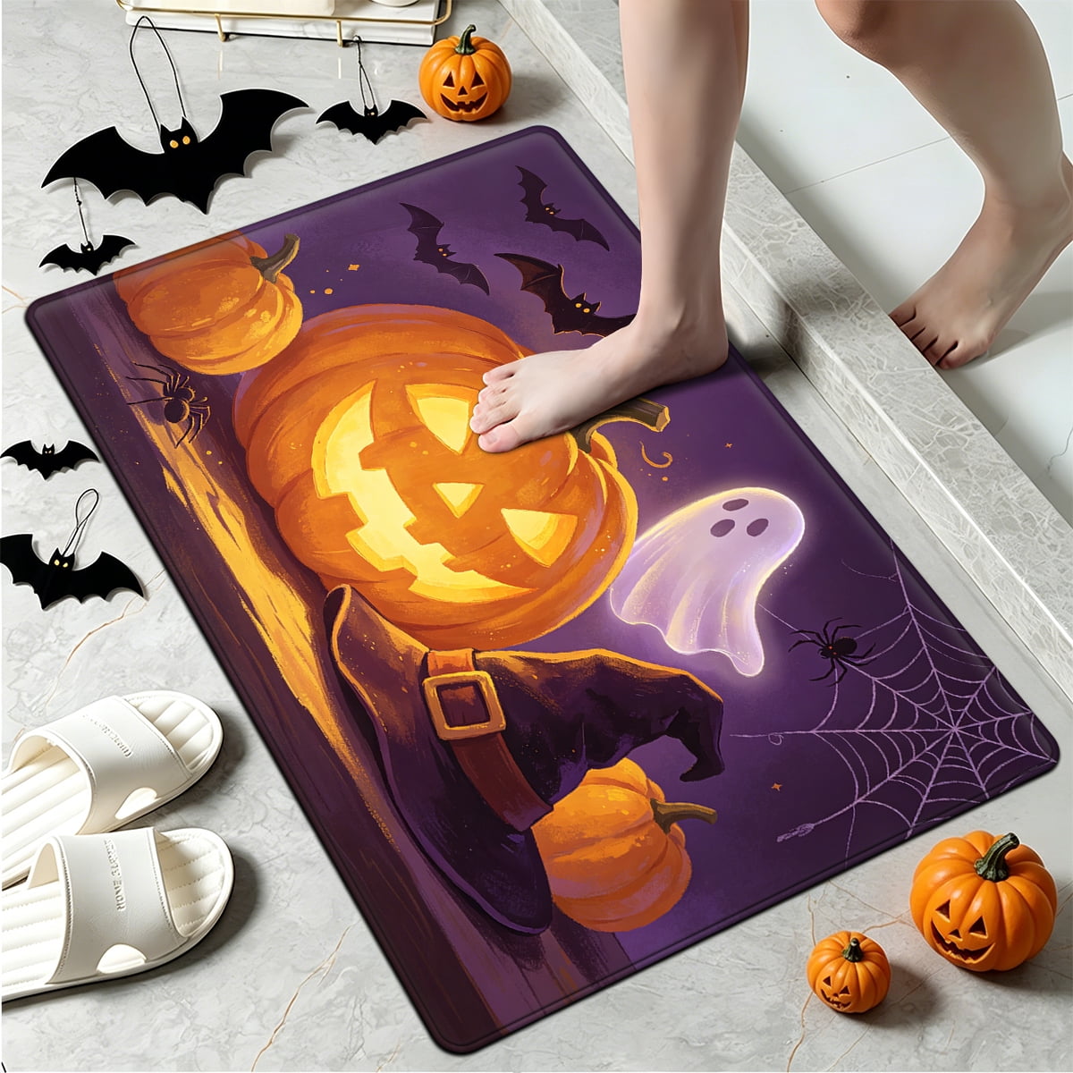 YIMEIS Halloween Pumpkin Lantern 3Pcs Flannel Mat & Kitchen Rugs Set,16''×24'' 20''×30'' 17''×47'' Inches,Soft Non-slip for Home Bathroom