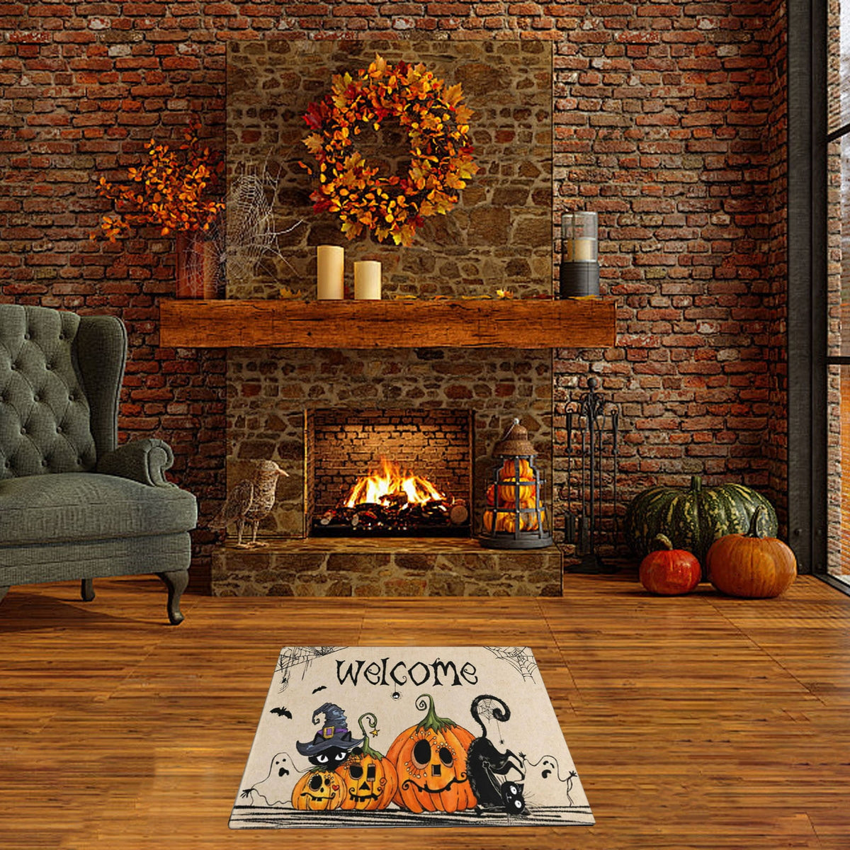 TOPRenddon Happy Halloween Door Mat, Front Door Mat Non Slip, Welcome Skull Ghost Yard Floor Doormat Kitchen Entry Outdoor Indoor Entrance