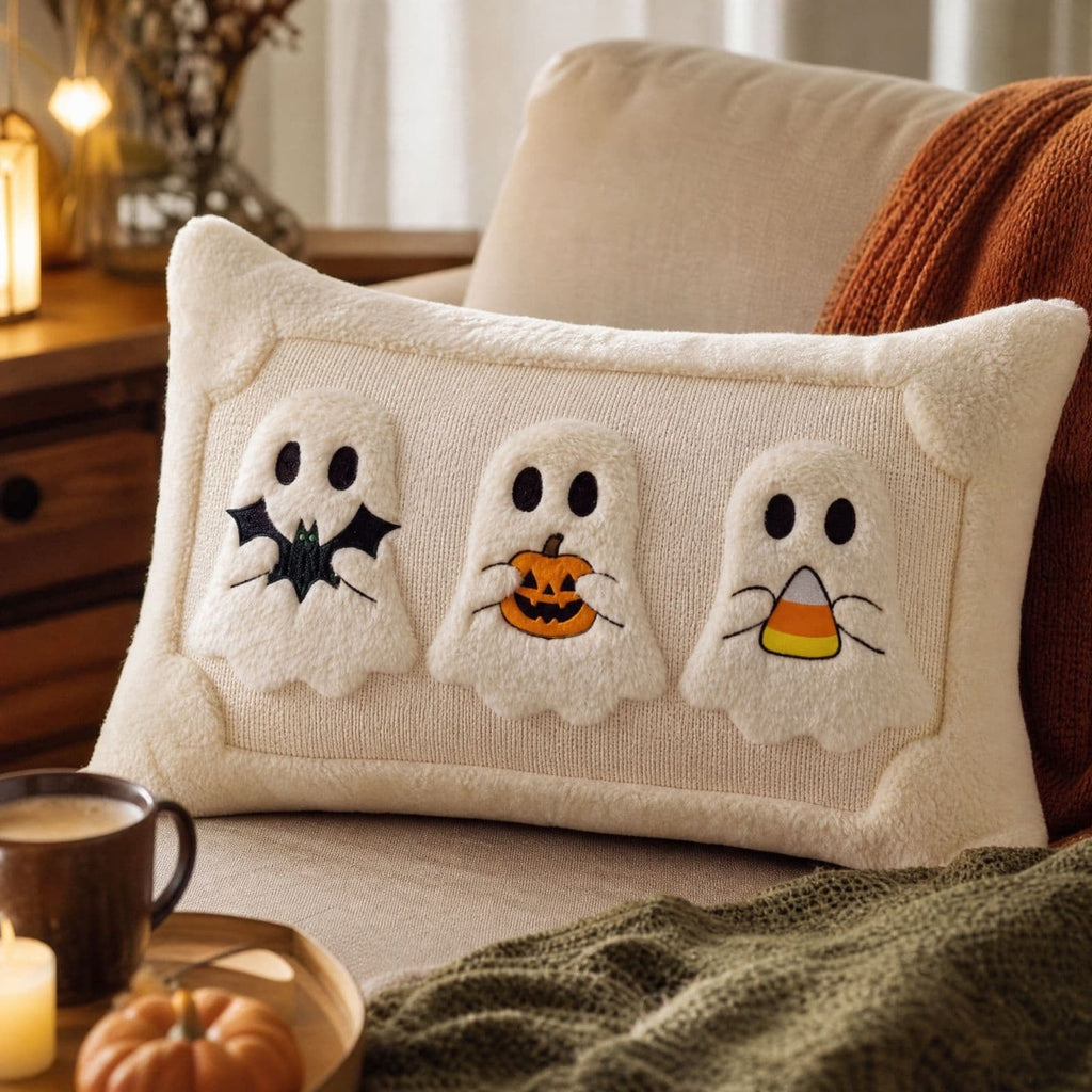 Halloween Ghost Reading Book Throw Pillow Cover, Spooky Library Bookshelf Skull Candlestick Decorative Pillowcase, Retro Halloween Cushion Cover