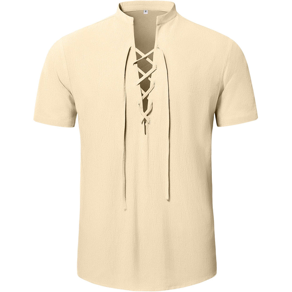 HAOMEILI Men's Short Sleeve Shirts Retro Style Lace up for Medieval,Viking,Hippie Halloween Cosplay Pirate Renaissance Costume