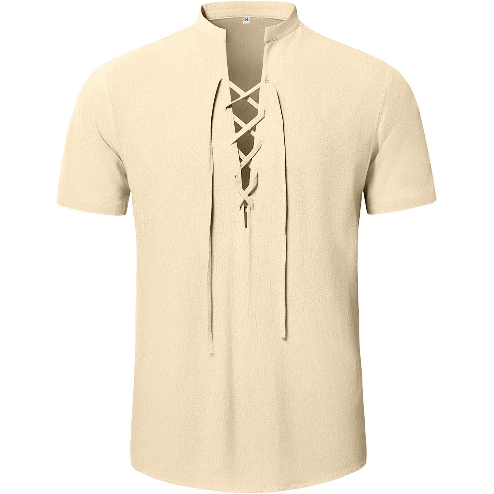 HAOMEILI Men's Short Sleeve Shirts Retro Style Lace up for Medieval,Viking,Hippie Halloween Cosplay Pirate Renaissance Costume