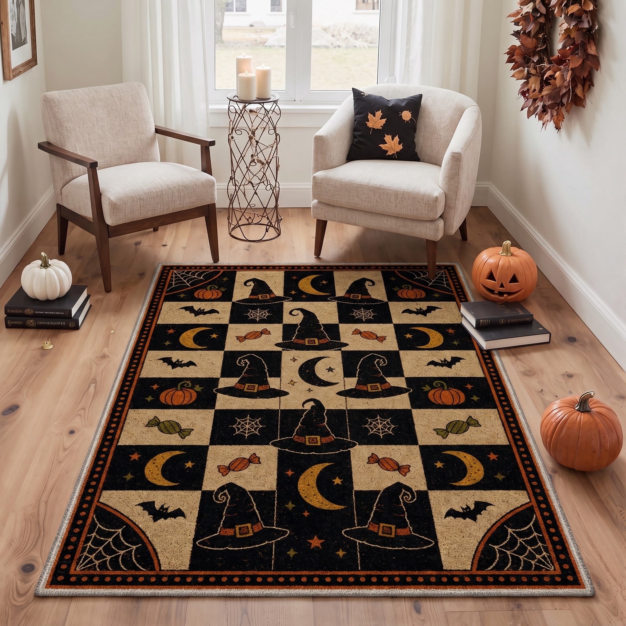 GENIMO 2'x7' Halloween Runner Rug, Washable Non Slip Soft Vintage Witch Indoor Outdoor Hallway Runner for Porch Patio Kitchen Entryway, Retro Sepia