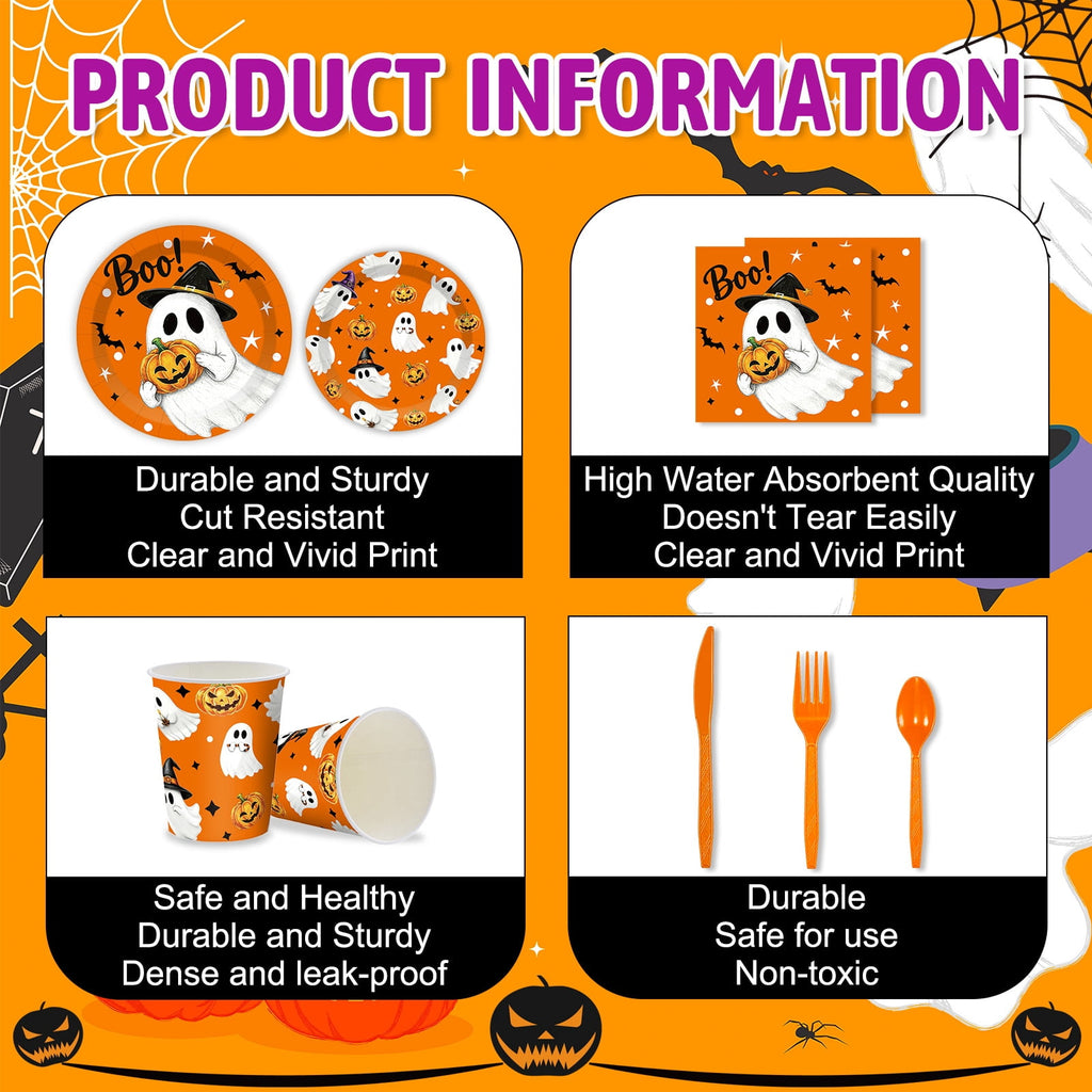 Wowhub Boo Ghost Pumpkin Halloween Tableware Set Serves 24, Halloween Plates and Napkins, Disposable Summerween Party Supplies with Cups, Cutlery & Tablecloth for Halloween Birthday Decorations