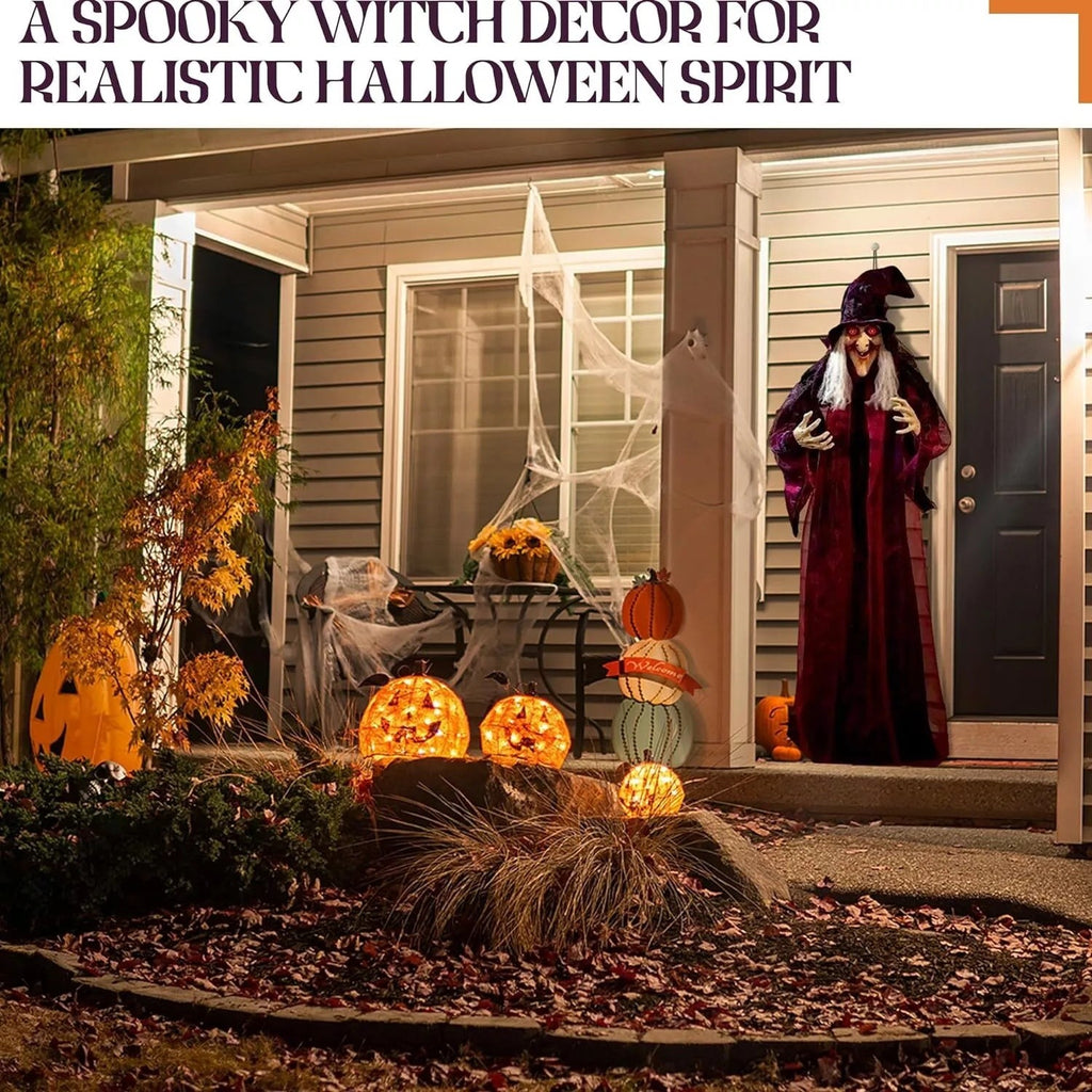 COSTYLE 71" Halloween Hanging Flying Witch, Talking Animated Witch Light Up Eyes Sound Activated, Outdoor Halloween Decorations Haunted House Prop