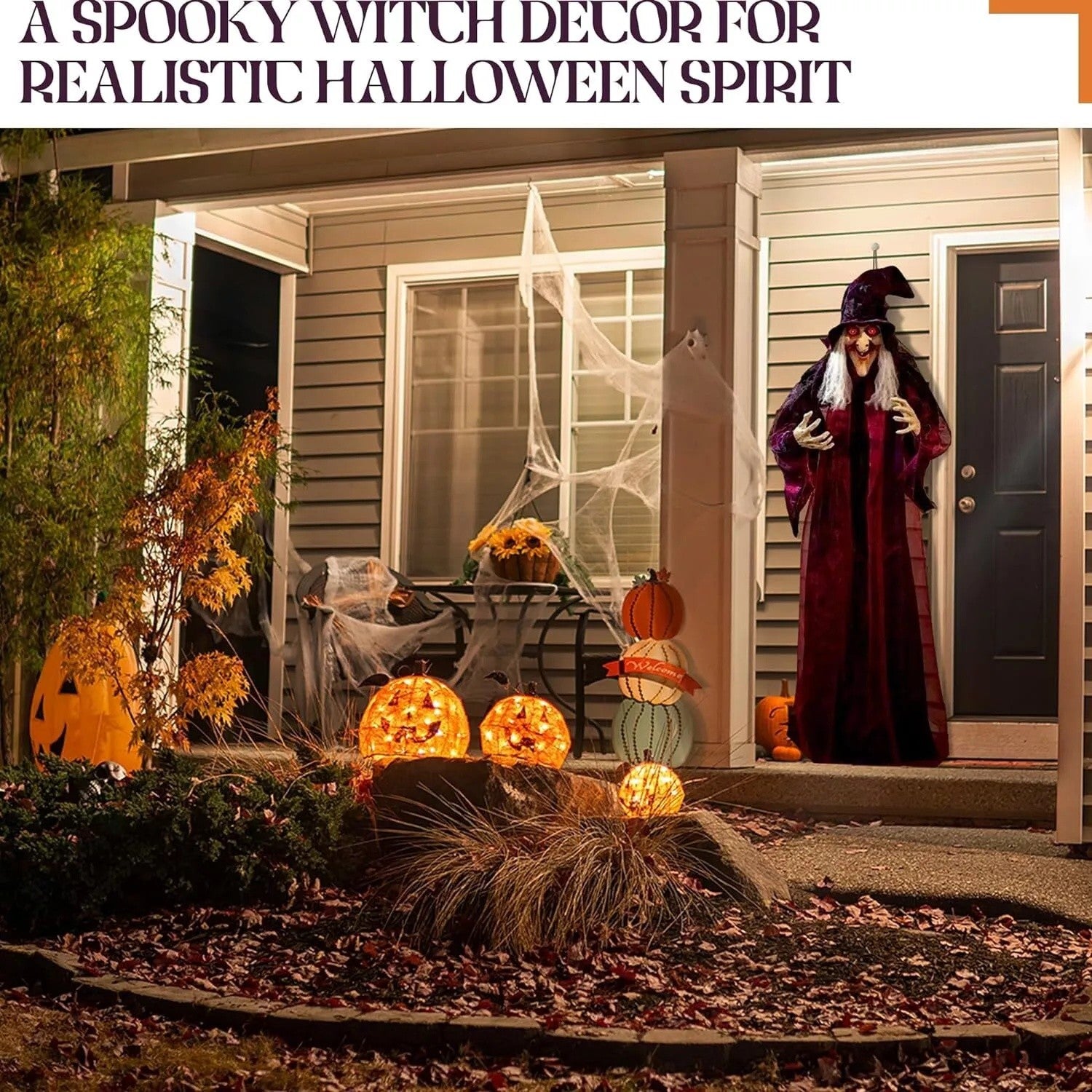 COSTYLE 71" Halloween Hanging Flying Witch, Talking Animated Witch Light Up Eyes Sound Activated, Outdoor Halloween Decorations Haunted House Prop