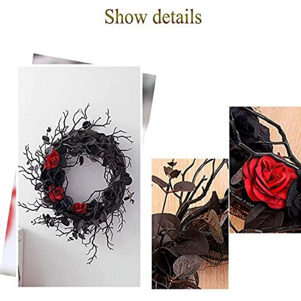 Black Halloween Door-Wreath with Red Rose Wreath for Front Door Black Wreath for Gothic Halloween Home Decor